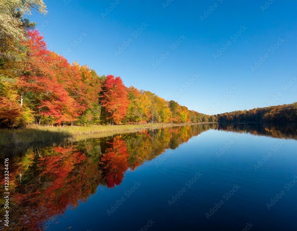 A serene lakeside view with calm water reflecting the vibrant colors of autumn trees under a clear blue sky. A serene lakeside view with calm water reflecting the vibrant colors of autumn trees under a clear blue sky.