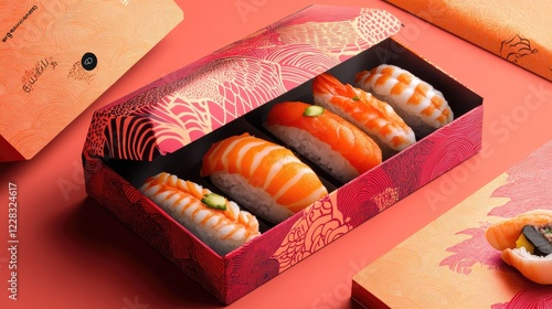 Exquisite sushi set in a decorative takeout box on a coral background
