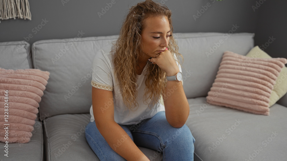 Young, blonde, woman sitting thoughtfully on a sofa in a stylish living room, surrounded by soft pink pillows, conveying a serene indoor ambiance. Young, blonde, woman sitting thoughtfully on a sofa in a stylish living room, surrounded by soft pink pillows, conveying a serene indoor ambiance.
