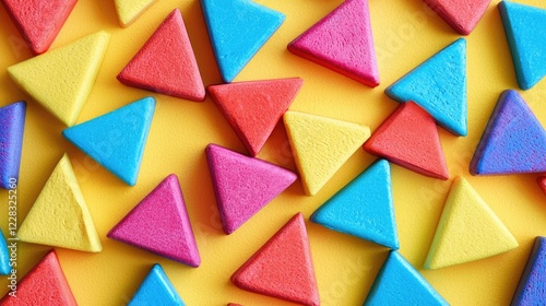 Colorful wooden triangles scattered on yellow background, playful design, flat lay, abstract texture, ideal for educational materials