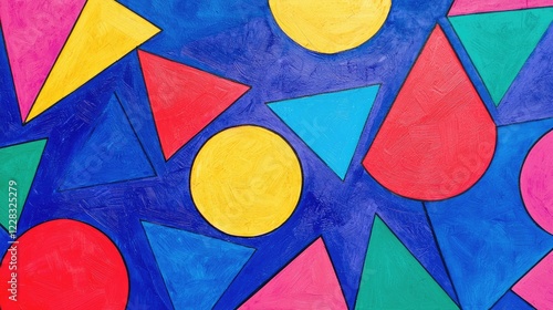 Vibrant geometric shapes on a textured blue background