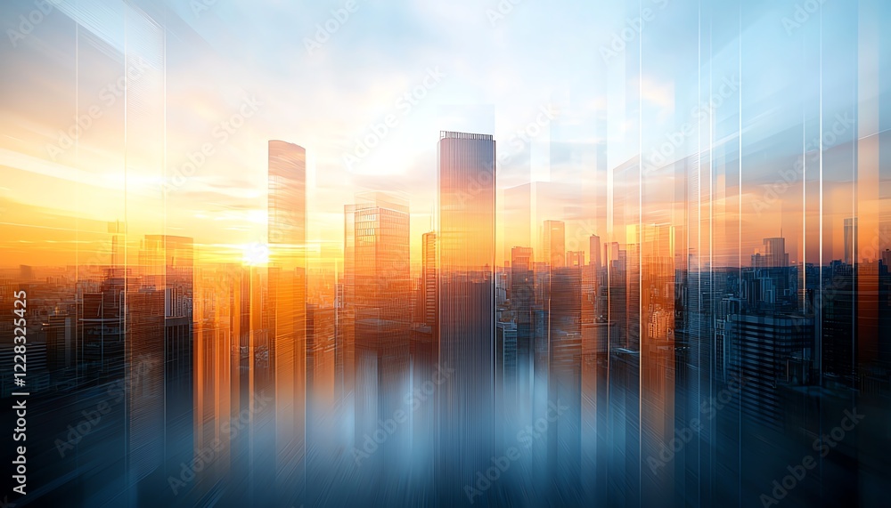 An abstract representation of a modern city skyline at sunset, featuring towering skyscrapers with a blend of warm and cool colors, evoking a sense of dynamic urban life and energy An abstract representation of a modern city skyline at sunset, featuring towering skyscrapers with a blend of warm and cool colors, evoking a sense of dynamic urban life and energy