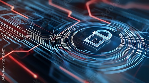 An abstract digital representation featuring intricate circuits and a lock symbol, emphasizing cybersecurity and modern technology concepts in a high-tech atmosphere. photo