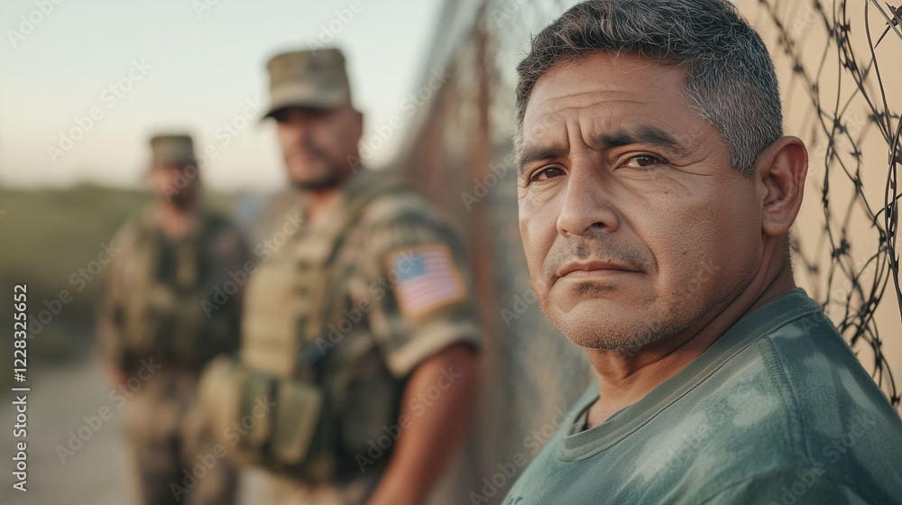 Fototapeta premium Solemn mexican man confronted by looming deportation, deportation fear destroying families, deportation crisis fueling urgent debate on immigration rights across US border states.