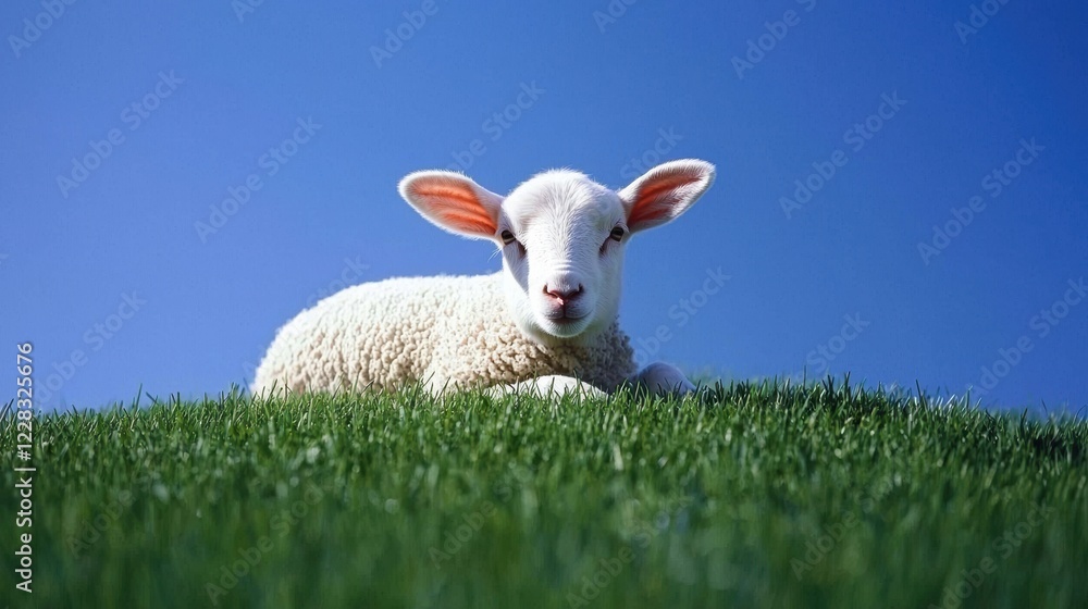 Playful lamb grazing on green hill sunny meadow animal photography nature setting low angle wildlife concept Playful lamb grazing on green hill sunny meadow animal photography nature setting low angle wildlife concept