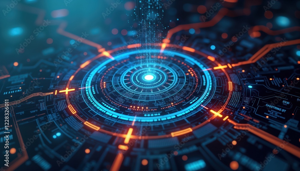 Obraz premium Digital display shows glowing circular interface with data flowing. Modern tech design with bright orange, blue light effects. Complex circuitry patterns surround central hub. Abstract representation
