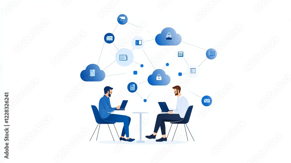 Two professionals collaborate in a digital workspace, utilizing laptops and cloud technology, symbolizing innovation and teamwork in a modern business environment. Two professionals collaborate in a digital workspace, utilizing laptops and cloud technology, symbolizing innovation and teamwork in a modern business environment.