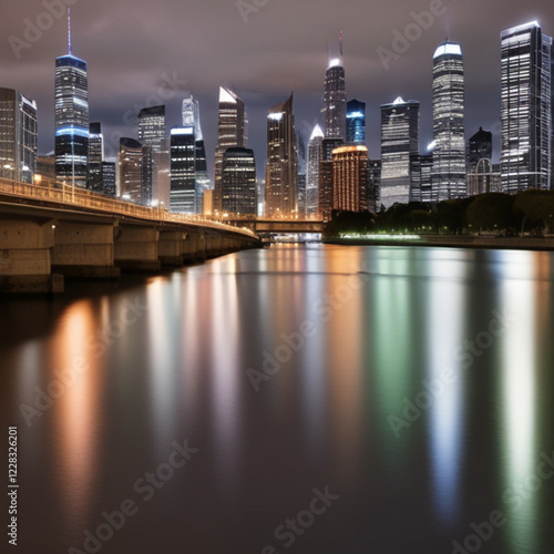 A bustling city skyline at night, with illuminated skyscrapers reflecting in a nearby river.