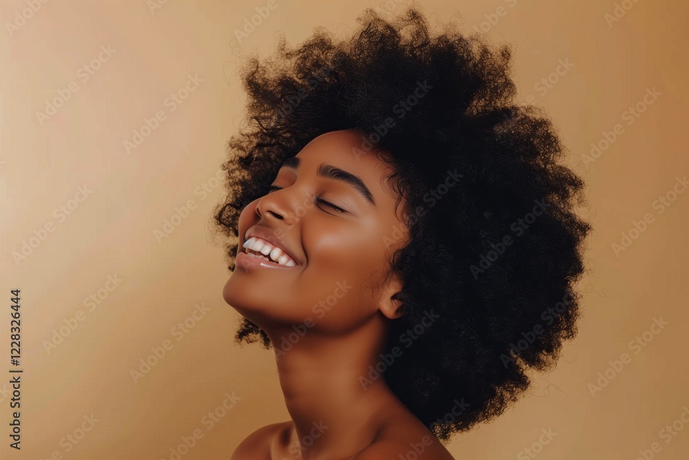 The portrait beautifully captures the essence of a confident and joyful woman with striking afro hair, set against a simple background, highlighting her vibrant and carefree spirit The portrait beautifully captures the essence of a confident and joyful woman with striking afro hair, set against a simple background, highlighting her vibrant and carefree spirit