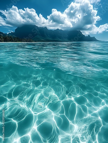 Turquoise ocean water with light ripples and mountain silhouettes against dramatic cloudy sky, split view underwater and above surface landscape. photo