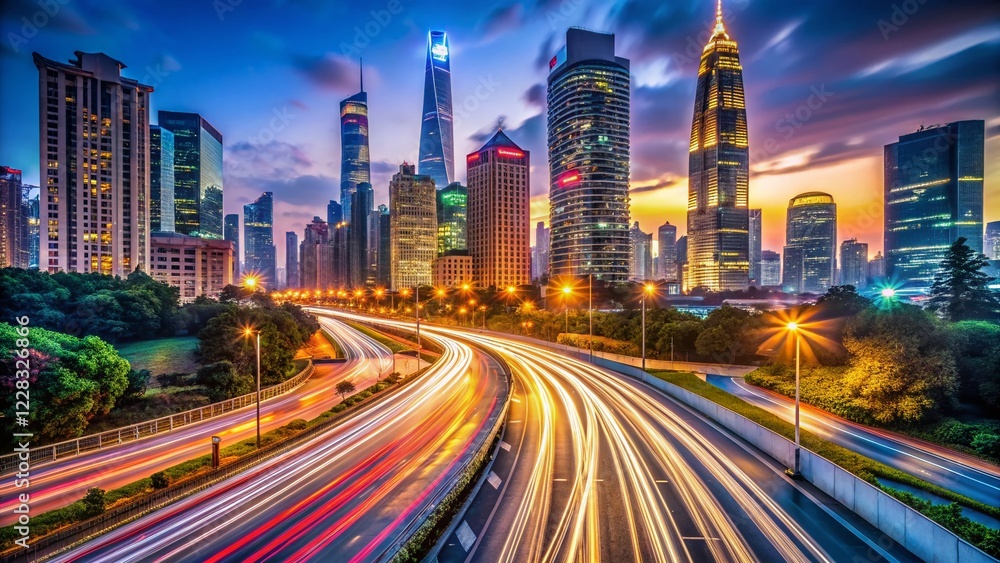 Rush Hour City Skyline: Blurred Lights & Highway Trails Stock Photo Rush Hour City Skyline: Blurred Lights & Highway Trails Stock Photo