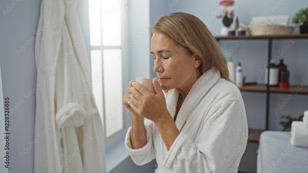 Mature woman enjoying a hot beverage in a serene spa setting, wearing a white robe, and embracing relaxation indoors with a peaceful expression Mature woman enjoying a hot beverage in a serene spa setting, wearing a white robe, and embracing relaxation indoors with a peaceful expression