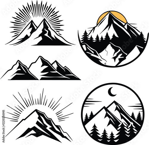 Set of Mountain Logos with Sun, Moon, and Forest Elements