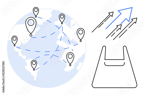 World map with location pins, dashed lines connecting them, alongside arrows pointing upward and a shopping bag. Ideal for global trade, logistics, market expansion, strategy, online shopping