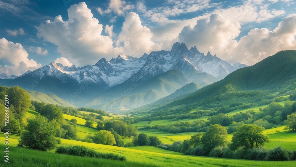 Naklejka premium Mountains covered with green forests and meadows