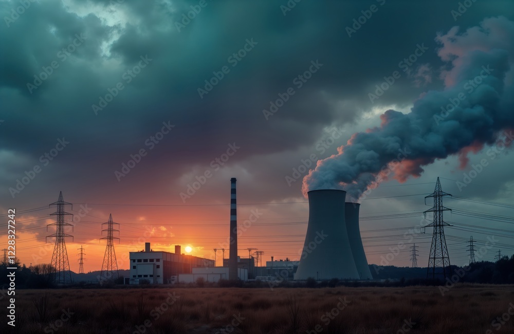 Power plant releases smoke into cloudy sky at sunset. Industrial facility emits vapor. Large structures like towers, chimneys part of scene. Scene shows pollution. Evening atmosphere evident. Eco Power plant releases smoke into cloudy sky at sunset. Industrial facility emits vapor. Large structures like towers, chimneys part of scene. Scene shows pollution. Evening atmosphere evident. Eco