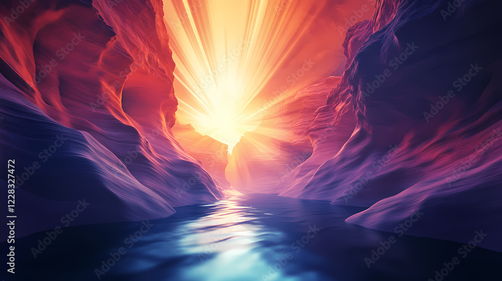 Fototapeta premium Mystic canyon light beams in serene landscape. Serene Canyon. Illustration