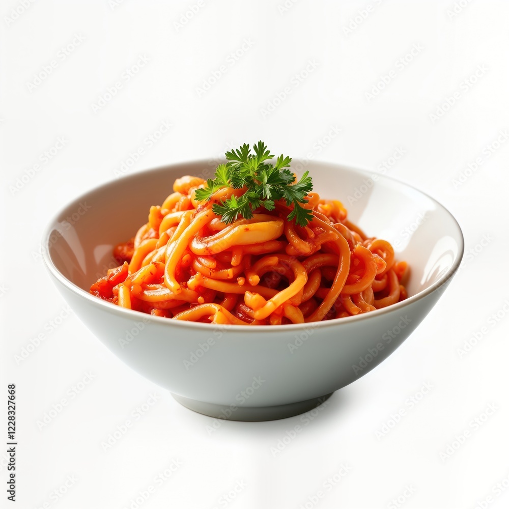 Bowl of pasta with tomato sauce, parsley presented against white background. Dish appetizing. Looks delicious, ready to eaten. Pasta light orange color, covered in thick layer of red sauce. Sprinkle Bowl of pasta with tomato sauce, parsley presented against white background. Dish appetizing. Looks delicious, ready to eaten. Pasta light orange color, covered in thick layer of red sauce. Sprinkle