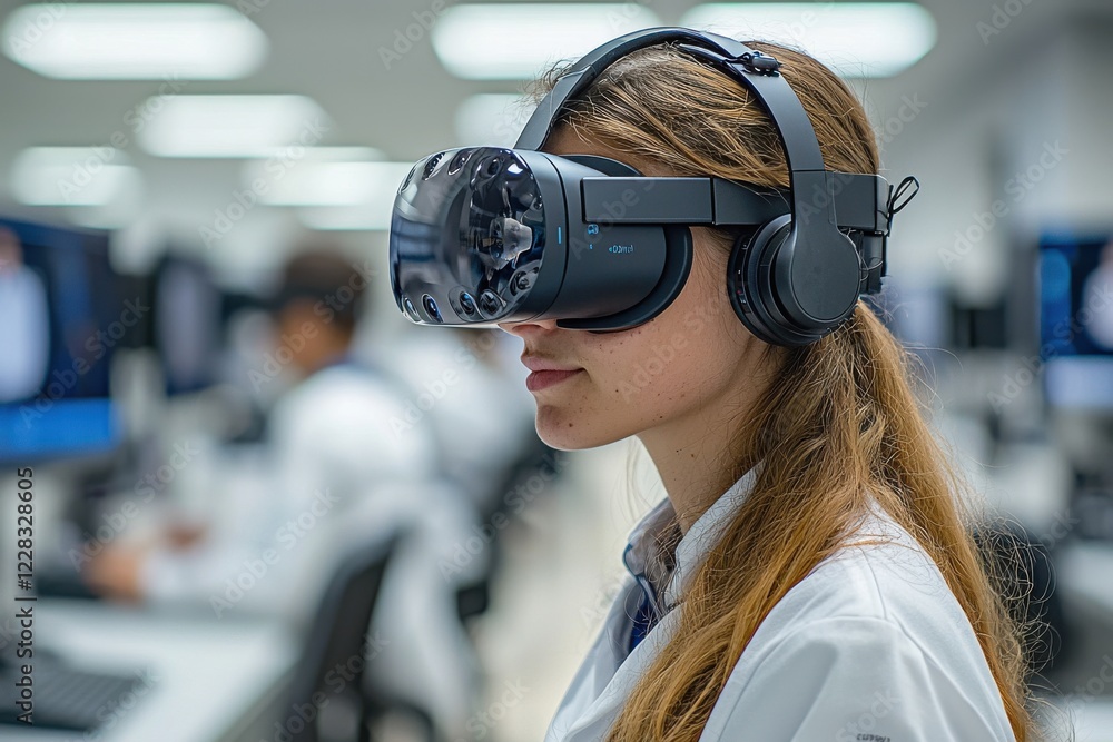 Student explores virtual reality in high-tech lab while wearing VR headset during a learning session Student explores virtual reality in high-tech lab while wearing VR headset during a learning session