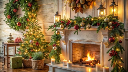 Rustic Farmhouse Christmas Fireplace Mantel Decor with Garland, Ornaments & Tree Lights