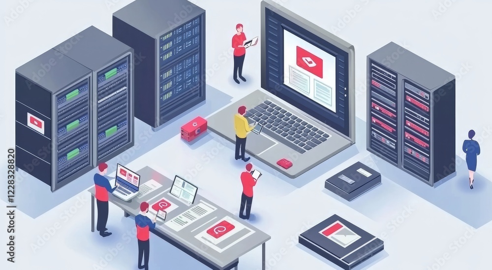A modern isometric illustration on a gray backdrop showcases a virtual office where people are collaborating and brainstorming innovative concepts. A modern isometric illustration on a gray backdrop showcases a virtual office where people are collaborating and brainstorming innovative concepts.