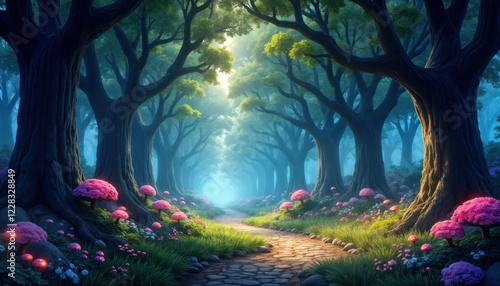Enchanted forest path winds through magical wood. Large trees line pathway. Pink flowers, glowing mushrooms populate vibrant undergrowth. Sunlight filters through canopy. Surreal fantasy landscape