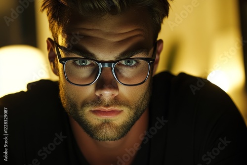 A young, reflective businessman wearing glasses sits by his desk, momentarily stepping away from his computer to ponder thoughtfully, searching for a solution or a new creative startup idea. photo