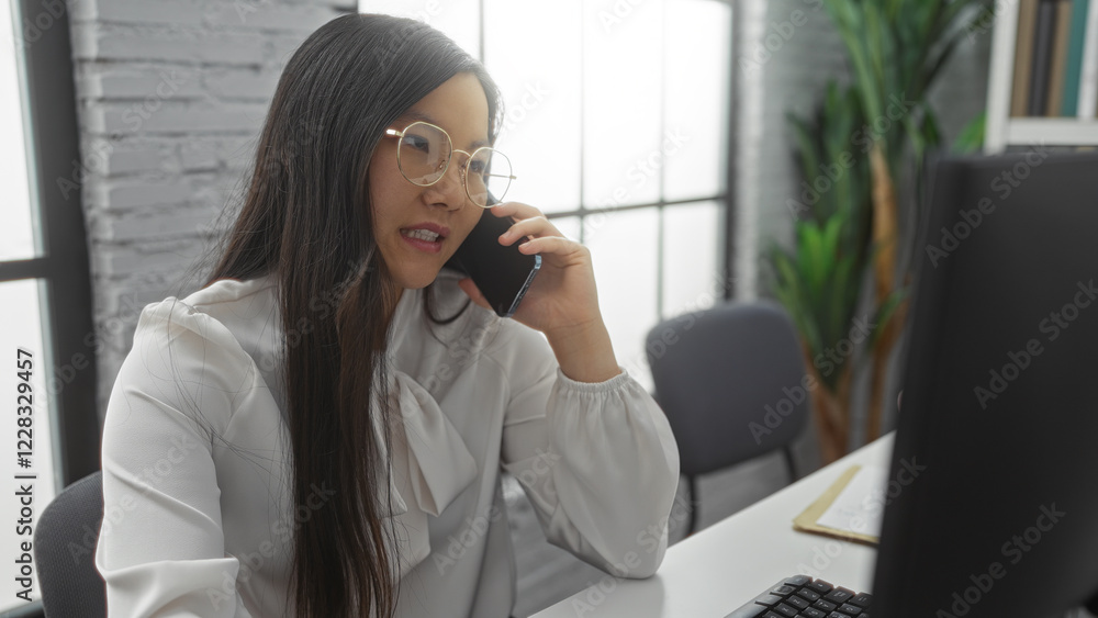 Woman talking on phone in modern office setting with computer desk indoors showcasing professional workspace environment and serious conversation. Woman talking on phone in modern office setting with computer desk indoors showcasing professional workspace environment and serious conversation.