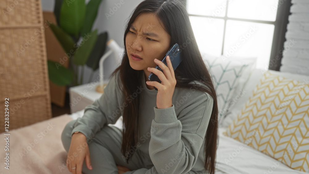Woman talking on smartphone while sitting on bed in cozy bedroom with soft pillows and plants, conveying a casual and relaxed indoor atmosphere. Woman talking on smartphone while sitting on bed in cozy bedroom with soft pillows and plants, conveying a casual and relaxed indoor atmosphere.