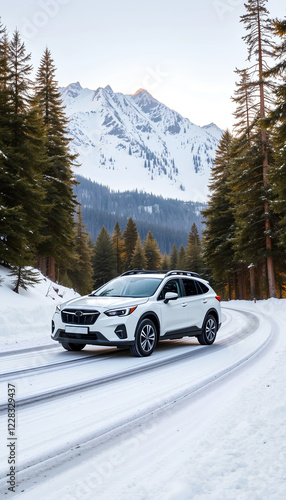 Side View of a Snowy Highway with Evergreen Trees and Snow-Capped Mountains in the Distance