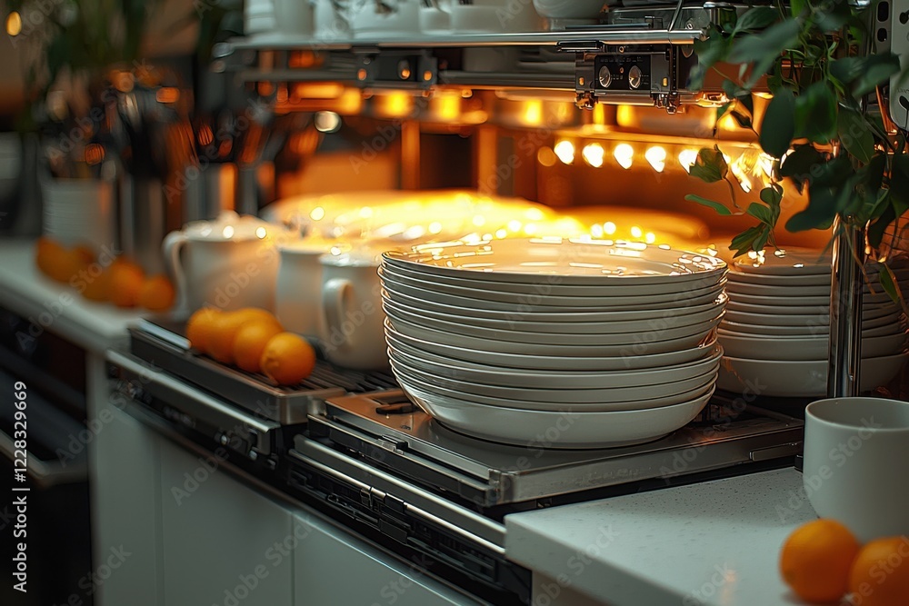 Stacked white plates and oranges on a kitchen counter illuminated by warm light in a cozy cooking space Stacked white plates and oranges on a kitchen counter illuminated by warm light in a cozy cooking space