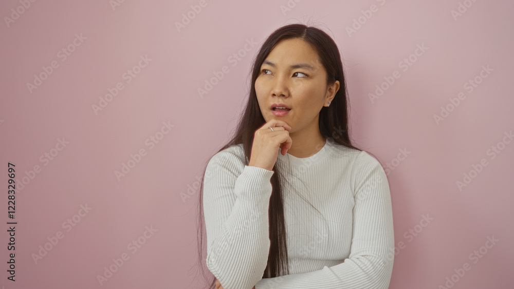 Young chinese woman with long hair in thoughtful pose against isolated pink background. Young chinese woman with long hair in thoughtful pose against isolated pink background.