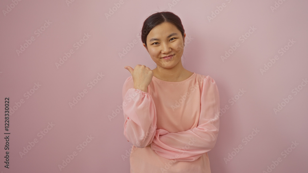 Fototapeta premium Woman smiling and pointing sideways with thumb against pink background, depicting confidence and positivity, suitable for concepts of direction and casual interaction settings.