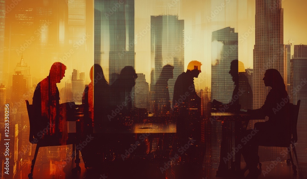 Silhouette and cityscape intertwined with a double exposure of office workers, highlighting corporate, staff, and teamwork. The image conveys innovation, the future, and global perspective, with an Silhouette and cityscape intertwined with a double exposure of office workers, highlighting corporate, staff, and teamwork. The image conveys innovation, the future, and global perspective, with an