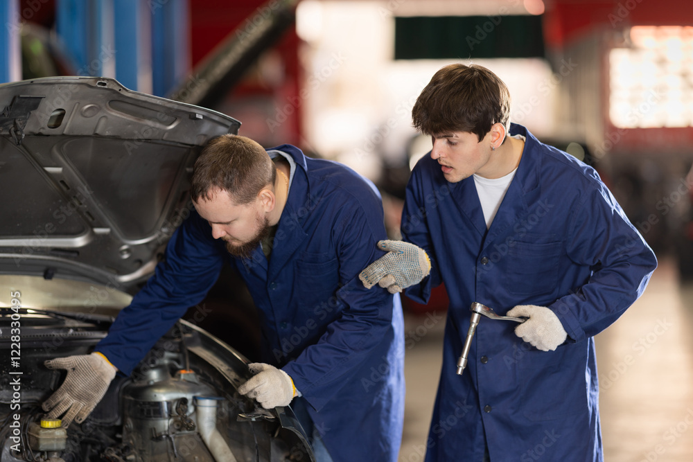 Experienced mechanic helps a young mechanic with car repairs. Car service specialists repair the car, check the oil and engine Experienced mechanic helps a young mechanic with car repairs. Car service specialists repair the car, check the oil and engine