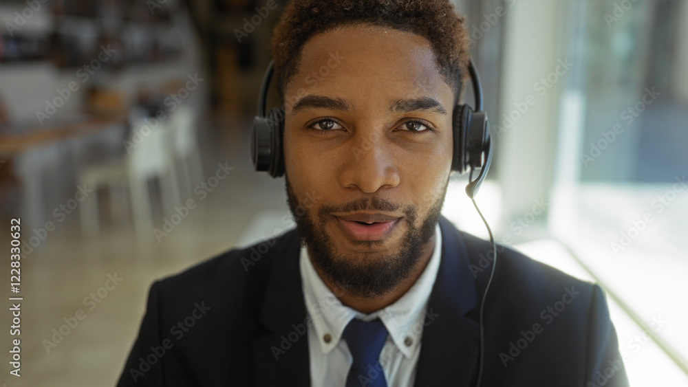 Young man wearing a headset in an office setting, smiling and looking at the camera, dressed in a suit with a tie, captured in a brightly lit indoor environment. Young man wearing a headset in an office setting, smiling and looking at the camera, dressed in a suit with a tie, captured in a brightly lit indoor environment.