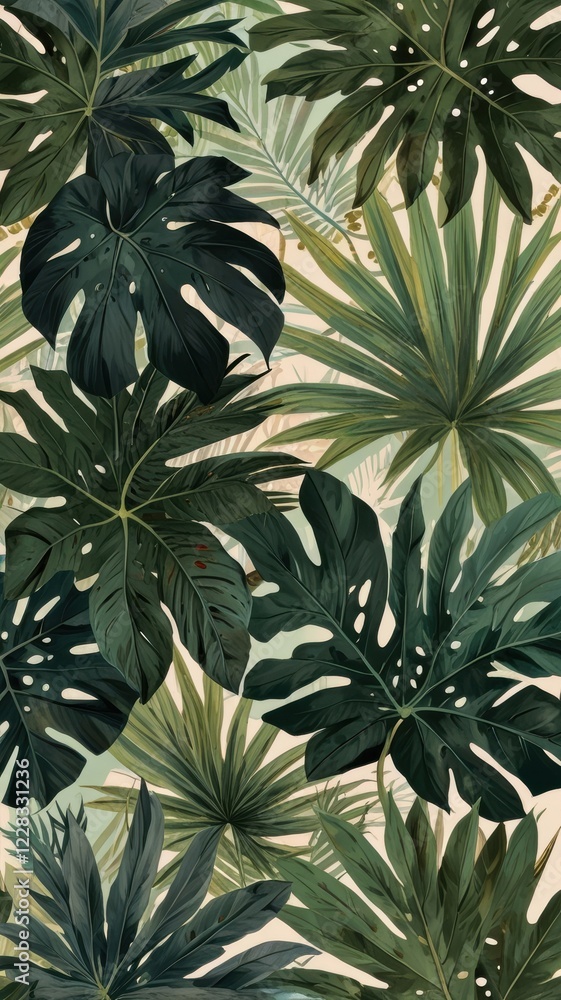 a mesmerizing repeating pattern of lush, vibrant tropical leaves in shades of emerald, lime, mint, and olive green, subtly accented with warm, sun-kissed hints of gold, set against a gentle a mesmerizing repeating pattern of lush, vibrant tropical leaves in shades of emerald, lime, mint, and olive green, subtly accented with warm, sun-kissed hints of gold, set against a gentle