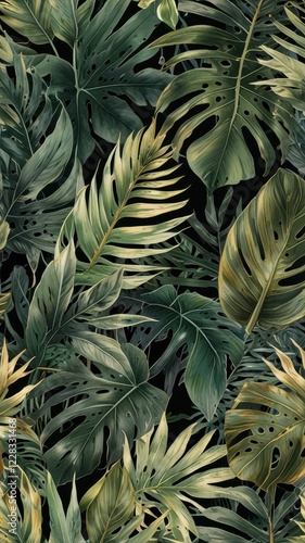a mesmerizing repeating pattern of lush, vibrant tropical leaves in shades of emerald, lime, mint, and olive green, subtly accented with warm, sun-kissed hints of gold, set against a gentle