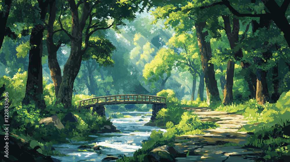 Obraz premium A low poly forest landscape with dense, angular trees forming a canopy under a cloudy sky