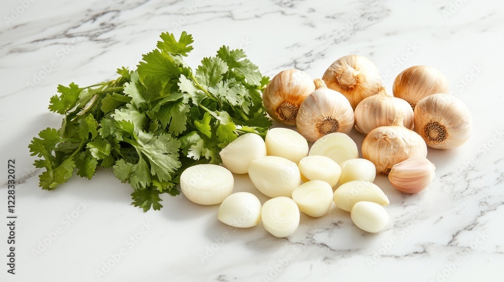 Fresh cilantro and garlic cloves on marble. Fresh cilantro and garlic cloves on marble.