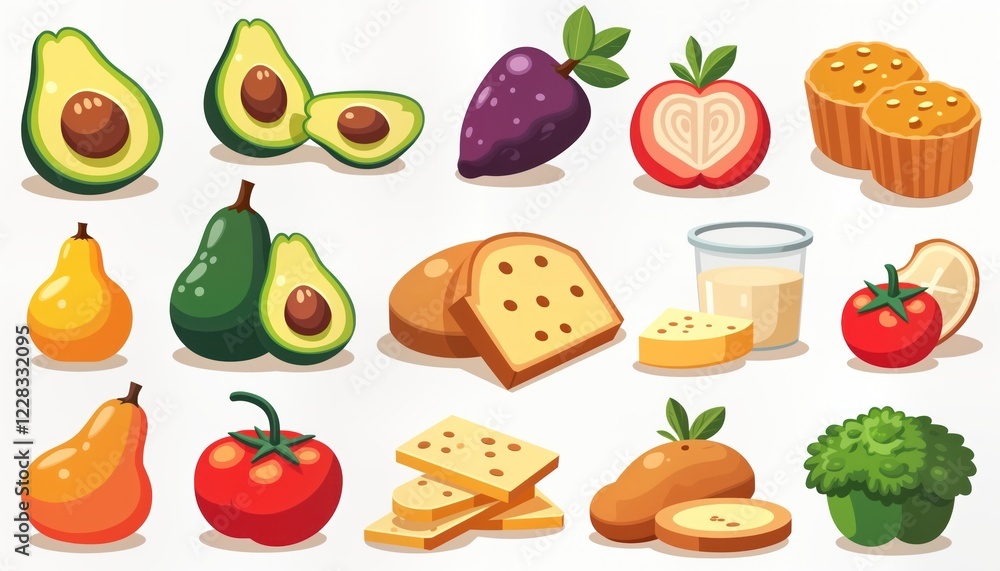 Fototapeta premium Flat illustration presents healthy macronutrients. Food products represent fiber cellulose proteins fats, carbs carbohydrates. Healthy diet concept. Essential nutrients. Dietary components. Nutrient
