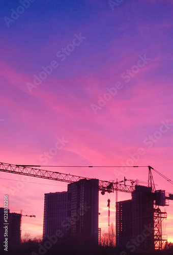 Wallpaper Mural Purple Orange Sunset Over the Kyiv City, Site with Cranes, Vertical Photo Torontodigital.ca