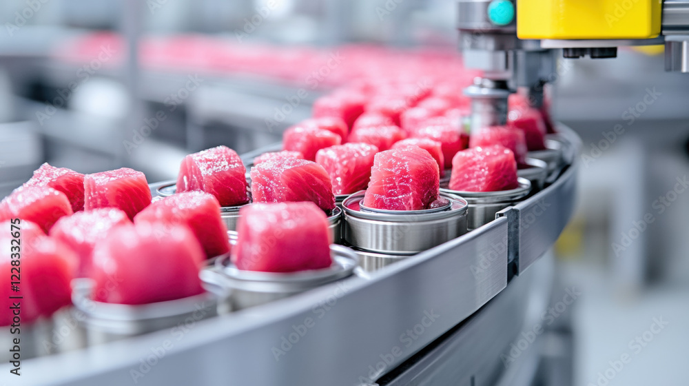 Canned tuna factory, A machine efficiently fills cans with pre-cooked tuna chunks, showcasing automated food processing technology in high fidelity. Canned tuna factory, A machine efficiently fills cans with pre-cooked tuna chunks, showcasing automated food processing technology in high fidelity.