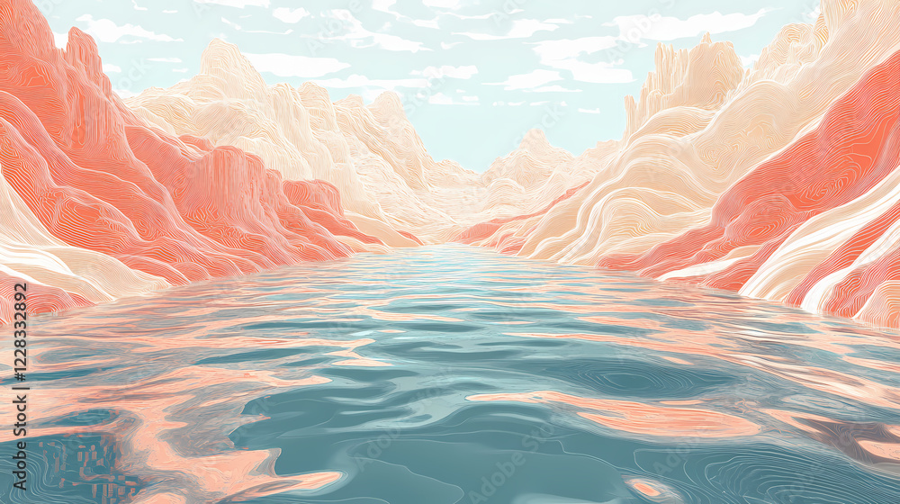 Fototapeta premium Canyon digital landscape features serene water surface within intricate topographic design background. Serene Canyon. Illustration