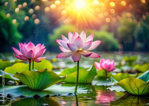 Wallpaper Mural Sacred Lotus Flower in Sunlit Pond - Indian Aquatic Plant Photography Torontodigital.ca