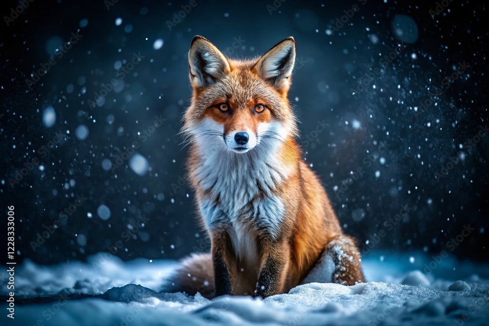 Obraz premium Sad Fox in Snowy Night: Low Light Winter Wildlife Photography