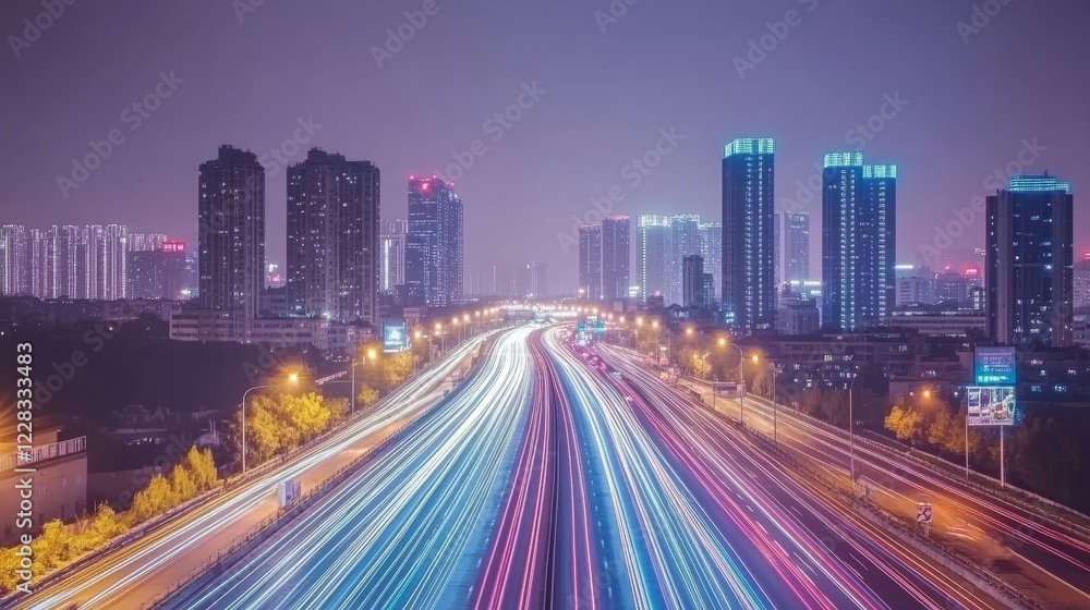 Fototapeta premium A surreal road bathed in blue light trails, depicting rapid data transfer and digital transformation.