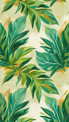 a mesmerizing repeating pattern of lush, vibrant tropical leaves in shades of emerald, lime, mint, and olive green, subtly accented with warm, sun-kissed hints of gold, set against a gentle