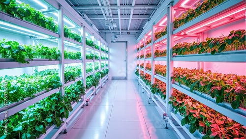 Futuristic indoor greenhouse with arugula and microgreens under blue and red LED grow lights