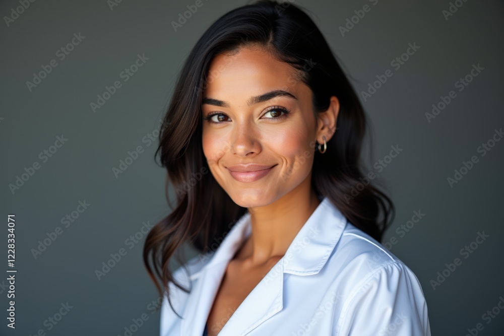Confident Woman Smiling in Professional Attire: A Portrait of an Ambitious Healthcare Professional in a White Coat Against a Subtle Background Confident Woman Smiling in Professional Attire: A Portrait of an Ambitious Healthcare Professional in a White Coat Against a Subtle Background